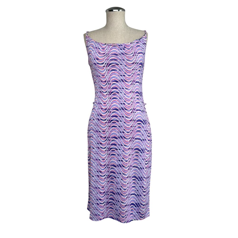 Vintage 90s Chesley Abstract Wave Knit Jersey Dress Purple Size S Made in USA